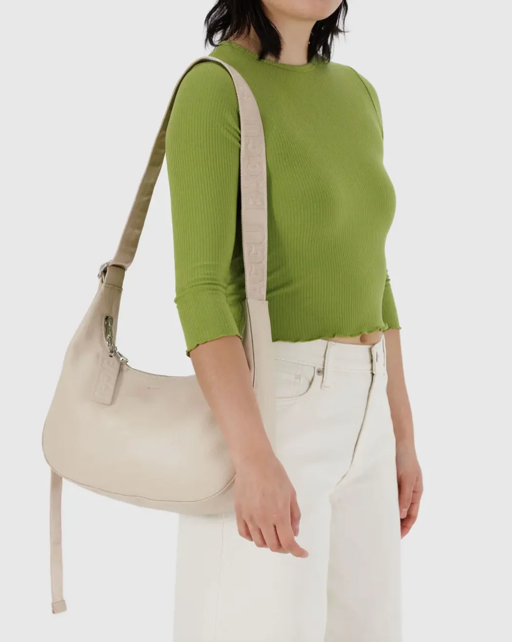Medium Recycled Leather Crescent Bag, Stone - Image 3